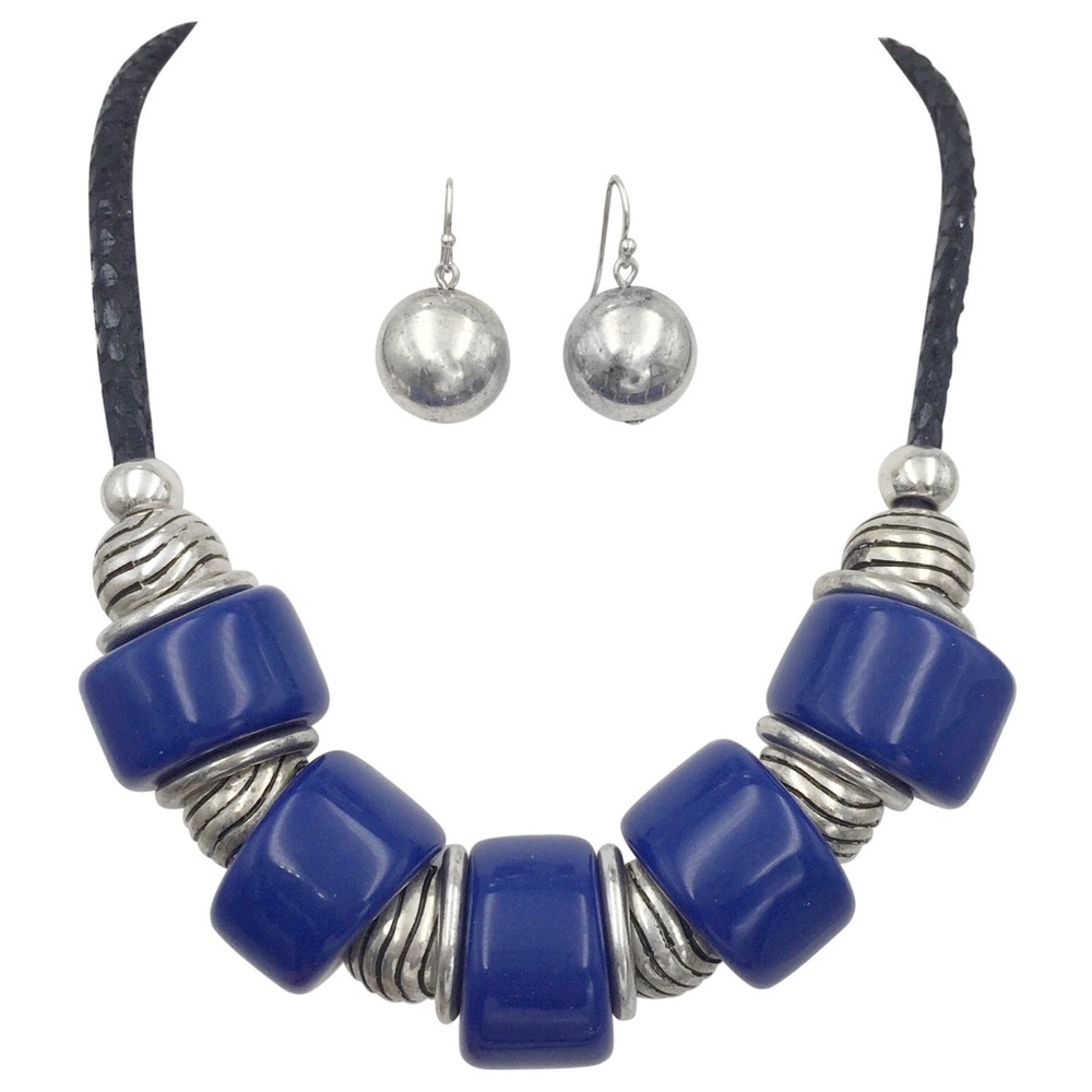 Chunky Royal Blue Bead Necklace Earrings Set